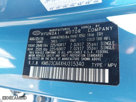 2017 Hyundai Tucson SE Plus with VIN KM8J3CA4XHU315340, listed as a IAAI auction lot 41857937 with 83,957 mi miles. Bid and sale history available at carsss.com. Image 9.