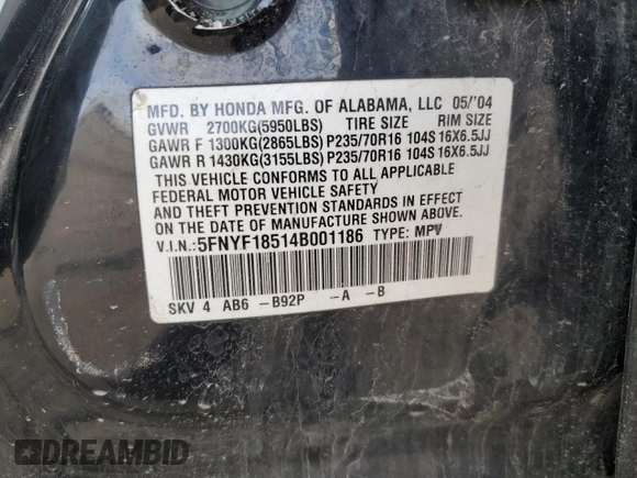 2004 Honda Pilot EX with VIN 5FNYF18514B001186, listed as a Copart auction lot 50233665 with 253,898 mi miles and Salvage Title. Bid and sale history available at DreamBid. Image 13.
