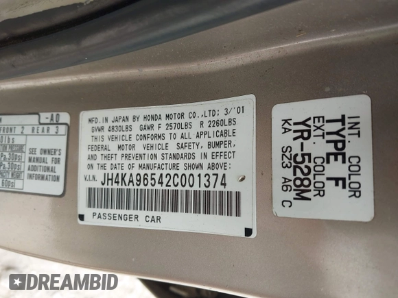 2002 Acura RL with VIN JH4KA96542C001374, listed as a IAAI auction lot 42425314 with Not provided miles and . Bid and sale history available at DreamBid. Image 9.
