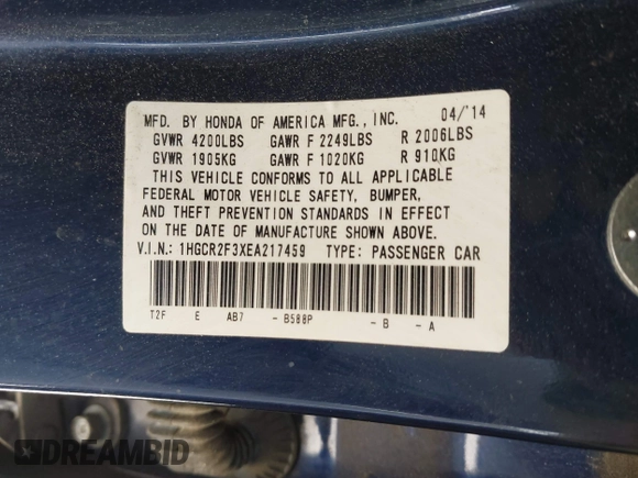2014 Honda Accord Sedan LX with VIN 1HGCR2F3XEA217459, listed as a IAAI auction lot 41931324 with 109,500 mi miles. Bid and sale history available at carsss.com. Image 9.
