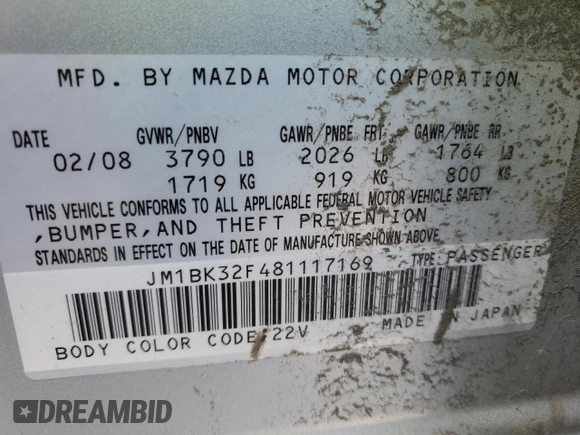 2008 Mazda Mazda3 i Touring Value with VIN JM1BK32F481117169, listed as a Copart auction lot 48966575 with 211,097 mi miles and Salvage Title. Bid and sale history available at carsss.com. Image 14.