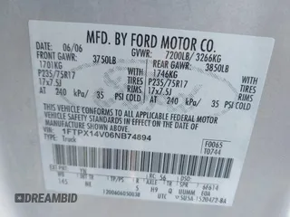 2006 Ford F-150 XLT with VIN 1FTPX14V06NB74894, listed as a IAAI auction lot 41848879 with 266,155 mi miles. Bid and sale history available at carsss.com. Image 9.