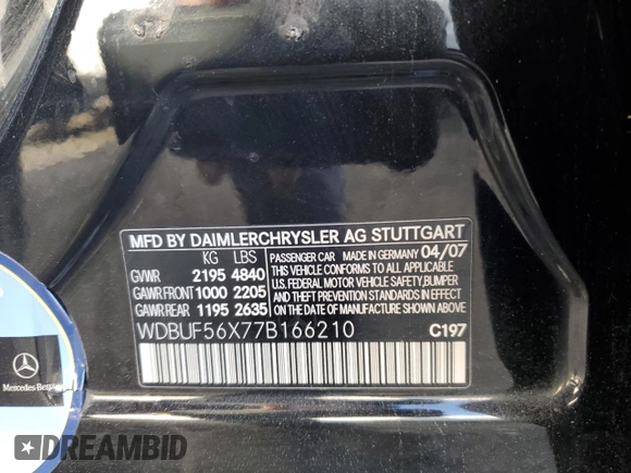 2007 Mercedes-Benz E-Class 3.5L with VIN WDBUF56X77B166210, listed as a Copart auction lot 51114065 with 165,297 mi miles and Salvage Title. Bid and sale history available at carsss.com. Image 12.