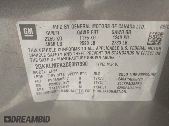 2012 GMC Terrain SLE-1 with VIN 2GKALMEK2C6387390, listed as a IAAI auction lot 42373877 with 125,611 mi miles and . Bid and sale history available at DreamBid. Image 9.