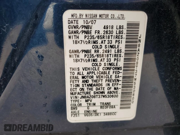 2007 Nissan Murano SL с VIN JN8AZ08T37W530600, выставлен на аукционе Copart как лот 55478915 с пробегом 159 811 миль миль и Списание • Salvage title. История ставок и продаж доступна на DreamBid. Изображение 12.