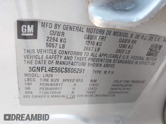 2012 Chevrolet Captiva Sport LTZ with VIN 3GNFL4E56CS606291, listed as a IAAI auction lot 41779952 with 200,000 mi miles and . Bid and sale history available at DreamBid. Image 9.