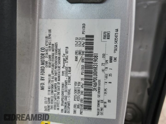 2017 Ford Fusion Hybrid SE with VIN 3FA6P0LU0HR319081, listed as a Copart auction lot 55345405 with 202,082 mi miles and Non repairable. Bid and sale history available at DreamBid. Image 12.