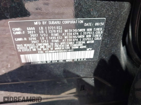2024 Subaru Ascent Onyx with VIN 4S4WMAHD5R3461441, listed as a IAAI auction lot 41860699 with 4,188 mi miles and . Bid and sale history available at DreamBid. Image 9.
