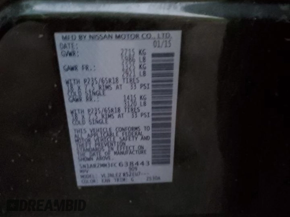 2015 Nissan Pathfinder SL with VIN 5N1AR2MM3FC638443, listed as a Copart auction lot 84813624 with Not provided miles and Salvage title. Bid and sale history available at DreamBid. Image 13.
