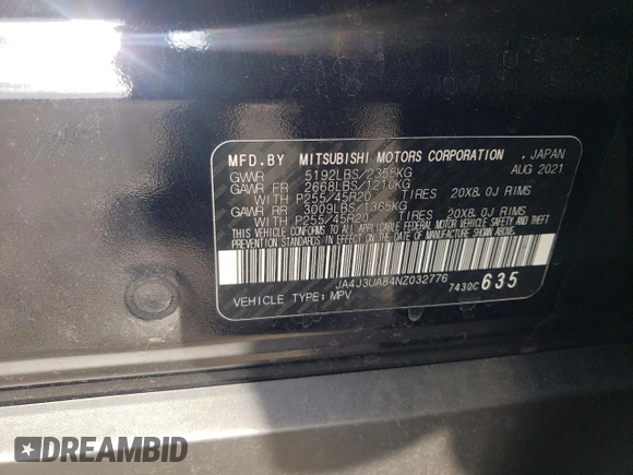 2022 Mitsubishi Outlander SE with VIN JA4J3UA84NZ032776, listed as a Copart auction lot 60277295 with 80,035 mi miles and Salvage title. Bid and sale history available at DreamBid. Image 12.