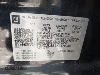 2019 Chevrolet Trax LS with VIN 3GNCJKSB6KL178934, listed as a IAAI auction lot 41772894 with 126,468 mi miles. Bid and sale history available at carsss.com. Image 9.