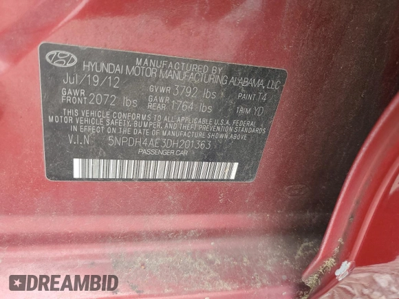 2013 Hyundai Elantra GLS with VIN 5NPDH4AE3DH201363, listed as a Copart auction lot 58577385 with 176,955 mi miles and Clean title. Bid and sale history available at DreamBid. Image 12.