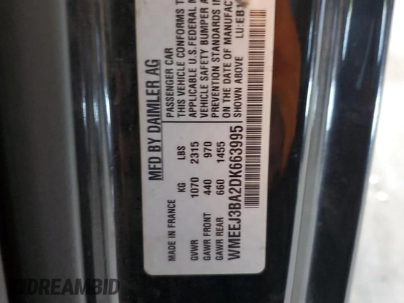 2013 Smart fortwo Pure with VIN WMEEJ3BA2DK663995, listed as a Copart auction lot 54629895 with Not Provided miles and Salvage Title. Bid and sale history available at DreamBid. Image 13.