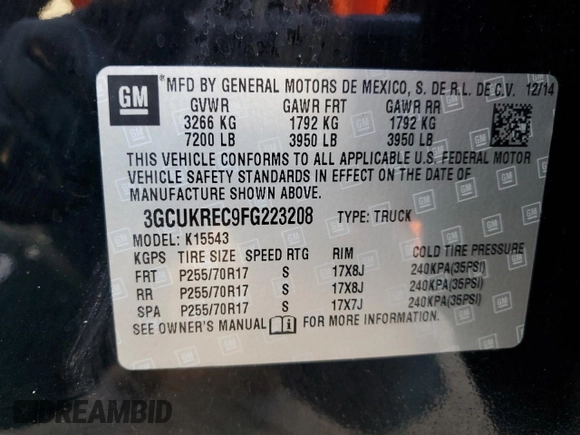 2015 Chevrolet Silverado 1500 LT with VIN 3GCUKREC9FG223208, listed as a Copart auction lot 47499695 with 173,163 mi miles and Salvage Title. Bid and sale history available at carsss.com. Image 12.
