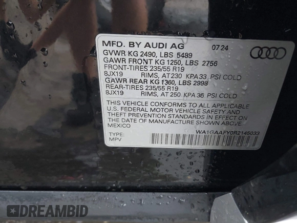 2024 Audi Q5 S line Premium z VIN WA1GAAFY0R2145033, wystawiony jako IAAI lot #41817546 z przebiegiem 1 277 mil mil oraz . Historia ofert i sprzedaży dostępna na DreamBid. Obrazek 9.