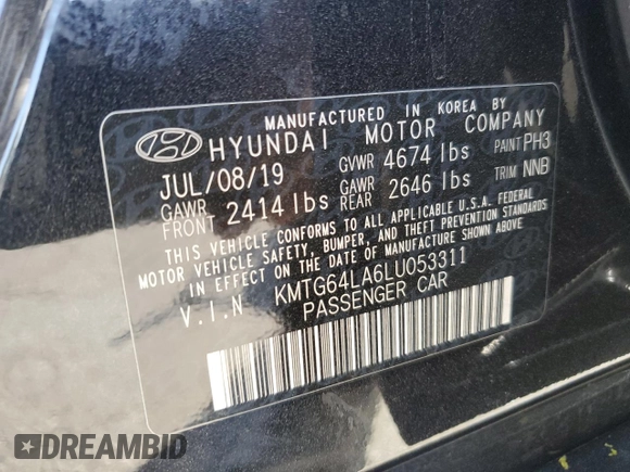 2020 Genesis G70 2.0T with VIN KMTG64LA6LU053311, listed as a Copart auction lot 71866084 with 37,754 mi miles and Salvage title. Bid and sale history available at DreamBid. Image 13.