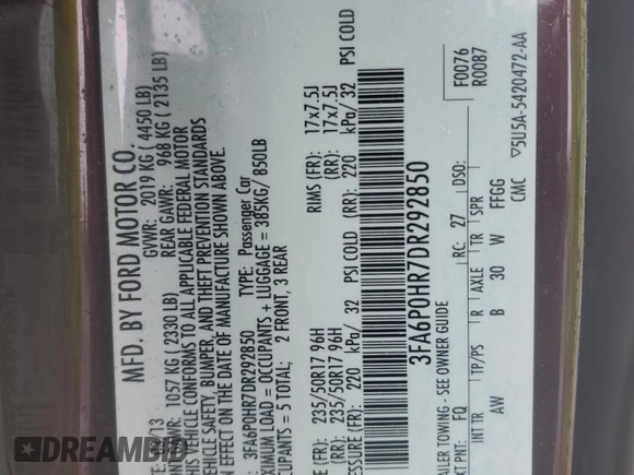 2013 Ford Fusion SE with VIN 3FA6P0HR7DR292850, listed as a Copart auction lot 46897575 with 99,805 mi miles and Salvage Title. Bid and sale history available at carsss.com. Image 13.