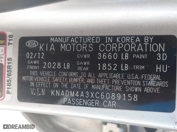 2012 Kia Rio LX with VIN KNADM4A3XC6089158, listed as a IAAI auction lot 41394824 with 1 mi miles. Bid and sale history available at carsss.com. Image 9.