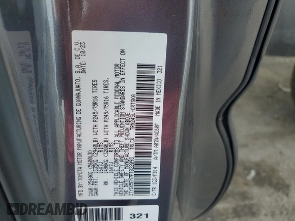 2023 Toyota Tacoma SR с VIN 3TYSX5EN7PT022093, выставлен на аукционе Copart как лот 56692825 с пробегом 17 055 миль миль и Списание • Salvage title. История ставок и продаж доступна на DreamBid. Изображение 12.