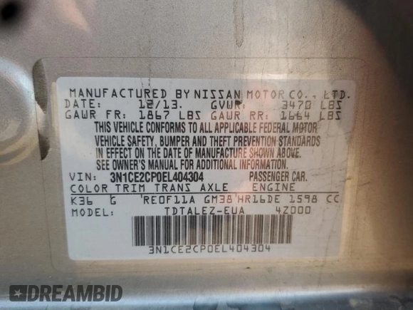 2014 Nissan Note S Plus z VIN 3N1CE2CP0EL404304, wystawiony jako Copart lot #59037675 z przebiegiem 82 255 mil mil oraz Szkoda całkowita • Salvage title. Historia ofert i sprzedaży dostępna na DreamBid. Obrazek 12.
