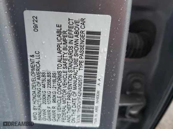 2022 Honda Accord Sedan Sport SE with VIN 1HGCV1F42NA082573, listed as a Copart auction lot 47002155 with 36,756 mi miles and Salvage Title. Bid and sale history available at carsss.com. Image 12.
