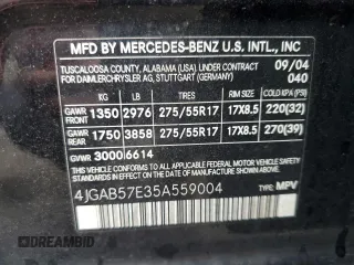 2005 Mercedes-Benz M-Class 3.7L with VIN 4JGAB57E35A559004, listed as a Copart auction lot 72765774 with 225,883 mi miles and Salvage Title. Bid and sale history available at carsss.com. Image 13.