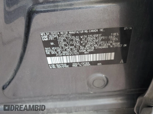 2014 Toyota RAV4 LE with VIN 2T3ZFREV6EW121925, listed as a Copart auction lot 59740885 with 170,154 mi miles and Salvage title. Bid and sale history available at DreamBid. Image 13.