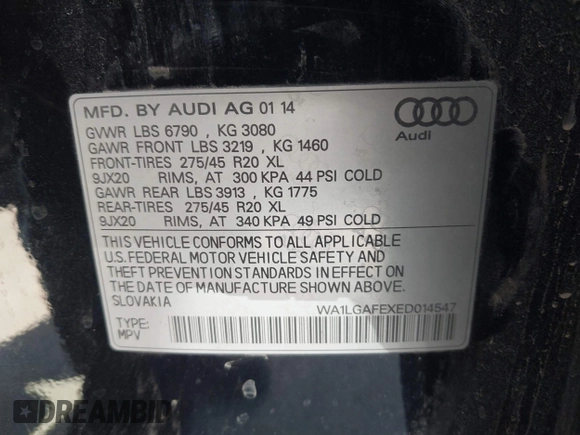 2014 Audi Q7 Premium Plus with VIN WA1LGAFEXED014547, listed as a IAAI auction lot 42639055 with 158,057 mi miles and . Bid and sale history available at DreamBid. Image 9.