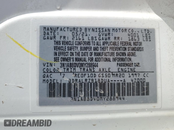 2021 Nissan Sentra SR with VIN 3N1AB8DV0MY288944, listed as a Copart auction lot 49735655 with 52,465 mi miles and Salvage Title. Bid and sale history available at carsss.com. Image 14.