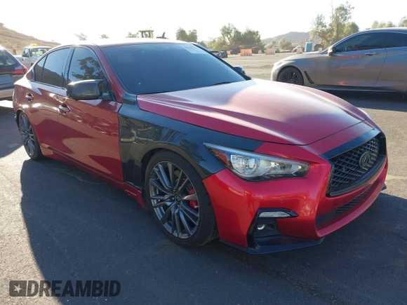 2021 Infiniti Q50 Red Sport 400 with VIN JN1FV7DP3MM850783, listed as a IAAI auction lot 41335175 with 59,113 mi miles and . Bid and sale history available at DreamBid. Image 1.