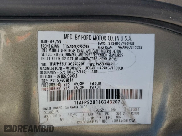 2003 Ford Taurus LX Standard with VIN 1FAFP52U13G243207, listed as a Copart auction lot 52763905 with 49,906 mi miles and Salvage title. Bid and sale history available at DreamBid. Image 12.