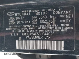 2012 Hyundai Accent GS with VIN KMHCT5AE5CU044029, listed as a IAAI auction lot 40424151 with 139,022 mi miles and . Bid and sale history available at DreamBid. Image 9.
