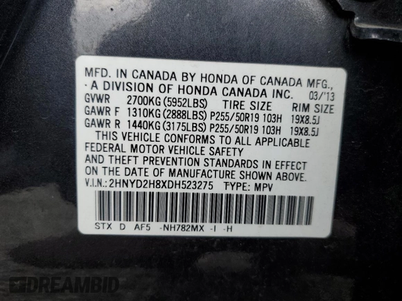 2013 Acura MDX Advance with VIN 2HNYD2H8XDH523275, listed as a Copart auction lot 81546104 with 187,845 mi miles and Salvage Title. Bid and sale history available at DreamBid. Image 13.