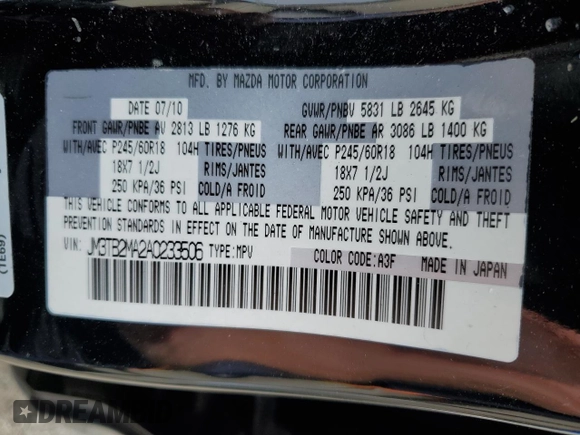 2010 Mazda CX-9 Touring with VIN JM3TB2MA2A0233506, listed as a Copart auction lot 50620555 with 169,013 mi miles and Salvage Title. Bid and sale history available at carsss.com. Image 13.