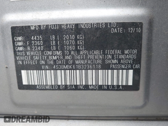 2011 Subaru Legacy Limited Power Moon with VIN 4S3BMBK61B3236118, listed as a IAAI auction lot 42628924 with 199,987 mi miles and . Bid and sale history available at DreamBid. Image 9.