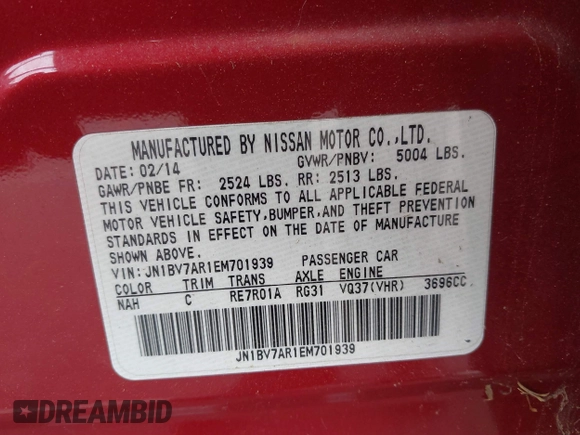 2014 Infiniti Q50 Sport with VIN JN1BV7AR1EM701939, listed as a IAAI auction lot 42051058 with 142,258 mi miles and . Bid and sale history available at DreamBid. Image 9.