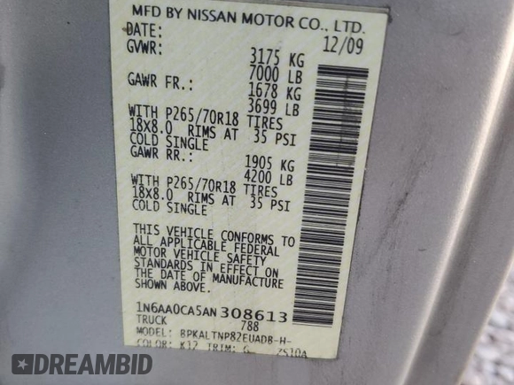 2010 Nissan Titan SE with VIN 1N6AA0CA5AN308613, listed as a Copart auction lot 82812894 with 98,887 mi miles and Salvage Title. Bid and sale history available at carsss.com. Image 12.