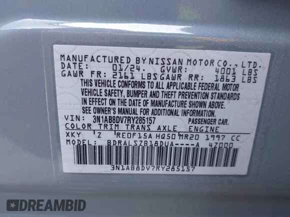 2024 Nissan Sentra SR with VIN 3N1AB8DV7RY285157, listed as a IAAI auction lot 41925272 with 4,173 mi miles and . Bid and sale history available at DreamBid. Image 9.