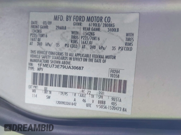 2009 Ford Explorer XLT с VIN 1FMEU73E79UA30687, выставлен на аукционе IAAI как лот 42710779 с пробегом 178 505 миль миль и . История ставок и продаж доступна на DreamBid. Изображение 9.