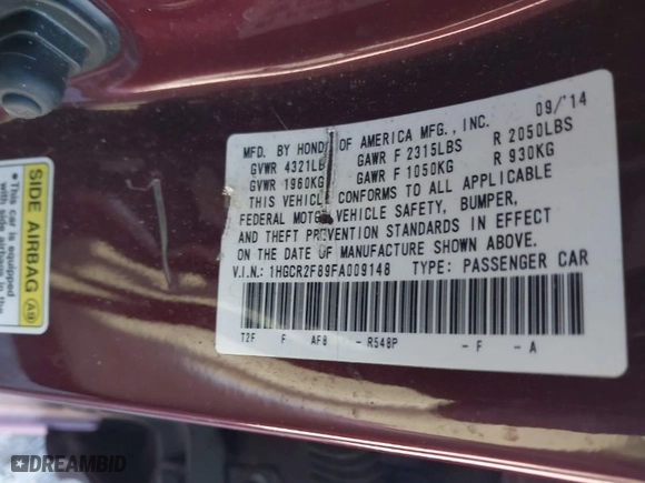 2015 Honda Accord Sedan EX-L with VIN 1HGCR2F89FA009148, listed as a IAAI auction lot 41753155 with 123,975 mi miles. Bid and sale history available at carsss.com. Image 9.
