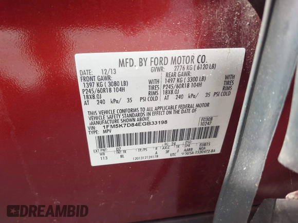 2014 Ford Explorer XLT with VIN 1FM5K7D84EGB33198, listed as a IAAI auction lot 42119557 with 161,242 mi miles. Bid and sale history available at carsss.com. Image 9.
