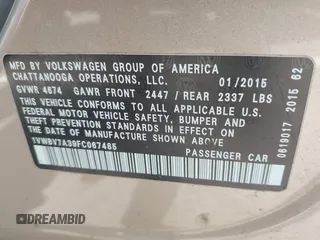 2015 Volkswagen Passat SE с VIN 1VWBV7A39FC067485, выставлен на аукционе IAAI как лот 42228324 с пробегом 147 214 миль миль и . История ставок и продаж доступна на DreamBid. Изображение 9.