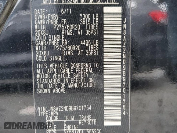 2011 Infiniti QX56 8-passenger с VIN JN8AZ2ND9B9701754, выставлен на аукционе Copart как лот 57916715 с пробегом 216 613 миль миль и Чистый • Clean title. История ставок и продаж доступна на DreamBid. Изображение 13.