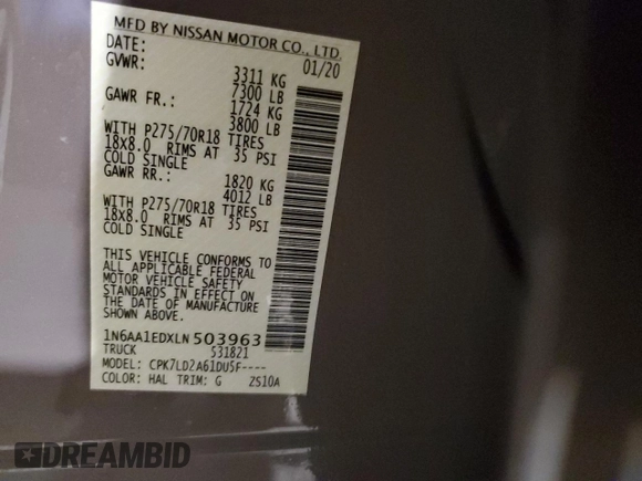 2020 Nissan Titan SL с VIN 1N6AA1EDXLN503963, выставлен на аукционе Copart как лот 56694005 с пробегом 61 341 миль миль и Списание • Salvage title. История ставок и продаж доступна на DreamBid. Изображение 12.