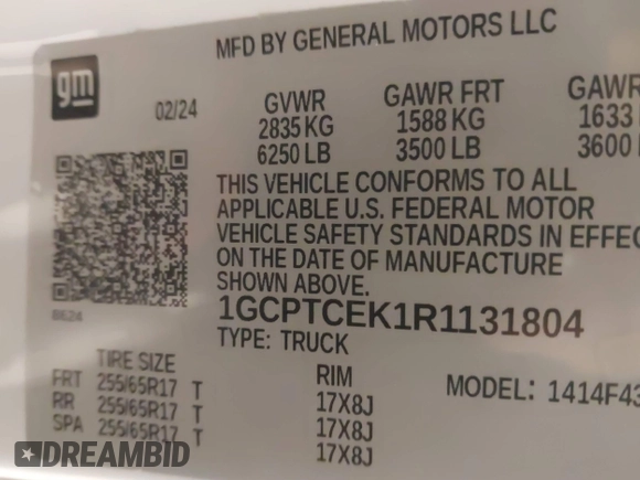 2024 Chevrolet Colorado 4WD LT with VIN 1GCPTCEK1R1131804, listed as a IAAI auction lot 41570513 with 10,882 mi miles and . Bid and sale history available at DreamBid. Image 9.