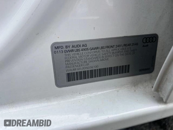 2013 Audi A4 Premium with VIN WAUBFAFL0DN036100, listed as a Copart auction lot 59187055 with 137,000 mi miles and Clean title. Bid and sale history available at DreamBid. Image 10.