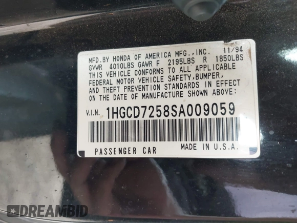 1995 Honda Accord EX with VIN 1HGCD7258SA009059, listed as a IAAI auction lot 42031725 with 198,195 mi miles and . Bid and sale history available at carsss.com. Image 9.