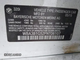 2015 BMW 3 Series 320i with VIN WBA3B1G52FNT06107, listed as a IAAI auction lot 41777304 with 85,832 mi miles. Bid and sale history available at carsss.com. Image 9.