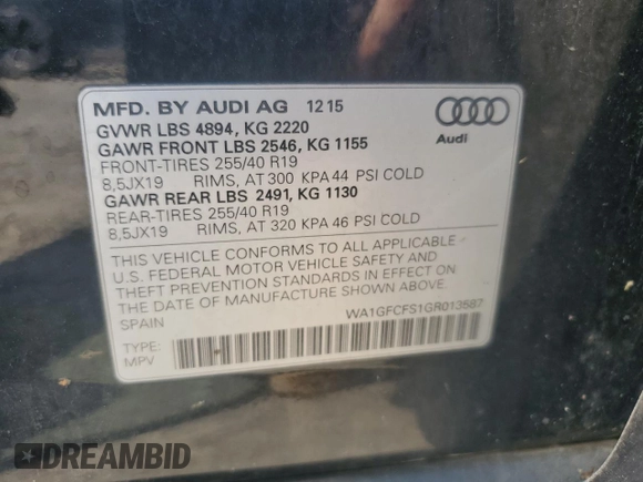 2016 Audi Q3 Prestige with VIN WA1GFCFS1GR013587, listed as a Copart auction lot 60124845 with 74,938 mi miles and Salvage title. Bid and sale history available at DreamBid. Image 13.