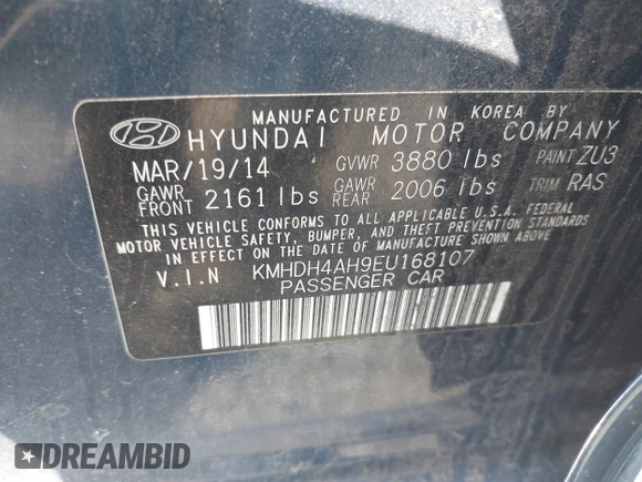 2014 Hyundai Elantra Sport с VIN KMHDH4AH9EU168107, выставлен на аукционе IAAI как лот 41910668 с пробегом 102 379 миль миль и . История ставок и продаж доступна на DreamBid. Изображение 9.